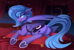 Size: 2100x1420 | Tagged: suggestive, artist:yakovlev-vad, derpibooru import, edit, princess luna, alicorn, pony, bed, bedroom eyes, bondage, butt, collar, cushion, dock, fangs, featureless crotch, female, girth, happy bondage, licking, licking lips, light bondage, looking at you, looking back, looking back at you, lying down, mare, on bed, pillow, plot, prone, s1 luna, solo, solo female, tongue out