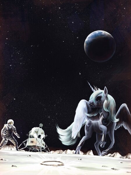 Size: 1536x2048 | Tagged: semi-grimdark, artist:askloona, derpibooru import, princess luna, alicorn, human, pony, loony luna, astronaut, black sclera, lunar lander, moon, painting, s1 luna, surreal, vintage