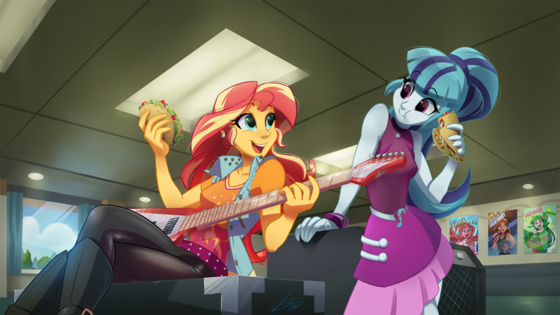 Size: 2700x1519 | Tagged: safe, artist:light262, derpibooru import, sonata dusk, sunset shimmer, oc, oc:mezma, oc:vanna melon, equestria girls, rainbow rocks, boots, clothes, cute, digital painting, duo, eating, female, food, guitar, lunch break, musical instrument, poster, shimmerbetes, shoes, sleeveless, sonatabetes, sonataco, taco, wallpaper