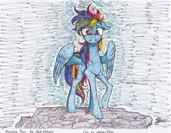 Size: 1627x1269 | Tagged: safe, artist:madhotaru, artist:siberian502, derpibooru import, rainbow dash, pony, abstract background, cliff, colored, floppy ears, pencil drawing, rock, scared, solo, traditional art