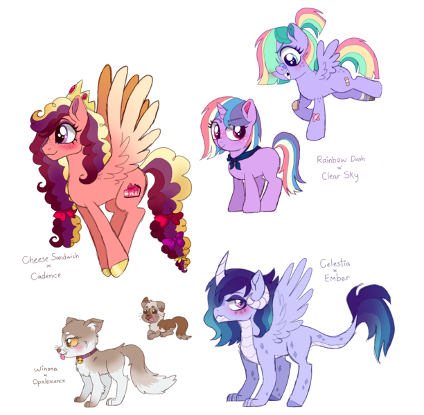 Size: 1446x1417 | Tagged: safe, artist:unoriginai, derpibooru import, oc, unofficial characters only, dracony, dragon, hybrid, pegasus, pony, unicorn, adoptable, animal, bandaid, bell, bell collar, bow, collar, crack ship offspring, crown, cute, hair bow, interspecies offspring, jewelry, magical lesbian spawn, offspring, parent:cheese sandwich, parent:clear sky, parent:opalescence, parent:princess cadance, parent:princess ember, parent:rainbow dash, parent:winona, parents:cleardash, parents:emberlestia, puppy, regalia, simple background, tail bow, text, tongue out, tooth gap, white background