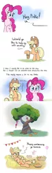 Size: 1280x4209 | Tagged: safe, artist:heir-of-rick, derpibooru import, applejack, pinkie pie, earth pony, pony, daily apple pony, the perfect pear, all in one, apple, apple tree, balloon, basket, bittersweet, bucket, candle, comic, compilation, dialogue, duo, female, food, full comic, hanging, hatless, hay, heartwarming, hidden cane, holding, hopping, implied bright mac, implied pear butter, intertwined trees, mare, missing accessory, on back, open mouth, pear, pear tree, pie, prehensile tail, raised hoof, rock, simple background, tail hold, tree, white background
