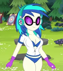 Size: 800x900 | Tagged: suggestive, derpibooru import, edit, edited screencap, editor:ah96, screencap, vinyl scratch, equestria girls, legend of everfree, blue underwear, bra, breast edit, breasts, busty vinyl scratch, cleavage, clothes, cropped, female, fingerless gloves, gloves, panties, sexy, solo, solo female, underwear, underwear edit