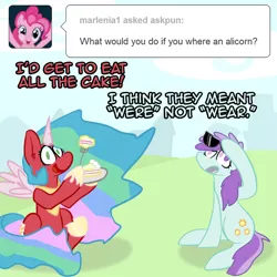 Size: 800x800 | Tagged: safe, artist:command-a-pony, derpibooru import, oc, oc:pun, oc:sunshine morning, unofficial characters only, pony, ask pun, ask, cake, fake horn, fake wings, food