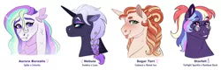 Size: 1280x412 | Tagged: safe, artist:cascayd, derpibooru import, oc, oc:aurora borealis, oc:nebula, oc:starfall, oc:sugar tart, unofficial characters only, dracony, dragon, earth pony, hybrid, pony, unicorn, adoptable, bust, crack ship offspring, female, glasses, interspecies offspring, magical lesbian spawn, mare, next generation, offspring, parent:donut joe, parent:king sombra, parent:princess cadance, parent:princess celestia, parent:princess luna, parent:rainbow dash, parent:spike, parent:twilight sparkle, parents:joedance, parents:lumbra, parents:spikelestia, parents:twidash, simple background, tongue out, white background