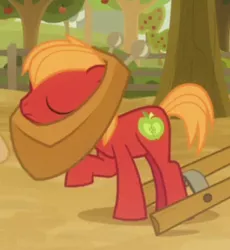 Size: 281x306 | Tagged: safe, derpibooru import, screencap, big macintosh, earth pony, pony, going to seed, colt big macintosh, cropped, eyes closed, male, raised hoof, yoke, younger