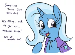 Size: 677x497 | Tagged: safe, artist:jargon scott, derpibooru import, trixie, pony, unicorn, bust, dialogue, dirt, eating, eating dirt, female, horses doing horse things, mare, open mouth, pica, portrait, simple background, solo, trixie is poor, white background