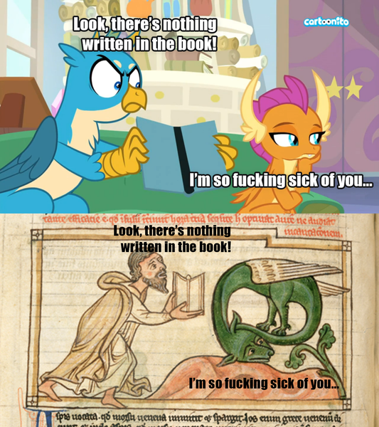 Size: 1280x1440 | Tagged: book, caption, cartoonito logo, conspiracy, derpibooru import, edit, edited screencap, editor:sdreamexplorers, exploitable meme, gallus, gallus' book, gallus holding book, image macro, meme, ponified meme, safe, screencap, smolder, student counsel, text, vulgar