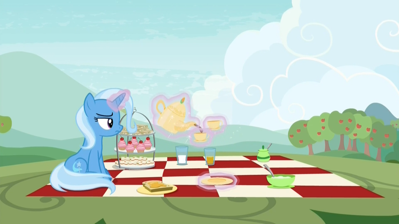 Size: 1920x1080 | Tagged: safe, derpibooru import, screencap, trixie, pony, unicorn, student counsel, bread, cloud, cup, cupcake, female, food, frown, glowing horn, horn, lonely, magic, magic aura, mare, picnic, picnic blanket, ponyville, sandwich, sitting, solo, sweet apple acres, tea, teacup, teapot, telekinesis