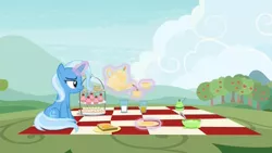 Size: 1920x1080 | Tagged: safe, derpibooru import, screencap, trixie, pony, unicorn, student counsel, bread, cloud, cup, cupcake, female, food, frown, glowing horn, horn, lonely, magic, magic aura, mare, picnic, picnic blanket, ponyville, sandwich, sitting, solo, sweet apple acres, tea, teacup, teapot, telekinesis