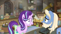 Size: 1920x1080 | Tagged: safe, derpibooru import, screencap, starlight glimmer, summit point, earth pony, pony, unicorn, student counsel, alarm clock, antique store, barrel, book, bookshelf, bottle, candle, candlestick, clock, cup, female, jar, lamp, lantern, male, mare, medal, mirror, nervous, picture frame, pot, potion, radio, scroll, shop, stallion, suitcase, teacup, telescope, worried