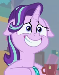 Size: 650x815 | Tagged: safe, derpibooru import, screencap, starlight glimmer, pony, unicorn, student counsel, awkward smile, bracelet, cropped, cup, fake smile, female, floppy ears, food, forced smile, frustrated, jewelry, mare, shit eating grin, solo, stressed, tea, teabag, teacup