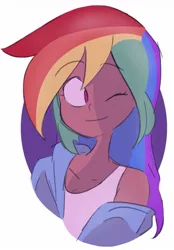 Size: 893x1280 | Tagged: safe, artist:drawbauchery, derpibooru import, rainbow dash, human, abstract background, bust, clothes, cute, dark skin, dashabetes, female, hoodie, human coloration, humanized, one eye closed, solo, tanktop, wink