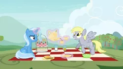 Size: 1280x720 | Tagged: safe, artist:illuminatiums, derpibooru import, edit, edited screencap, editor:secrettitan, screencap, derpy hooves, trixie, pegasus, pony, unicorn, student counsel, bread, cloud, cup, cupcake, female, flying, food, frown, glowing horn, horn, lonely, magic, magic aura, mare, picnic, picnic blanket, ponyville, sandwich, show accurate, sitting, solo, sweet apple acres, tea, teacup, teapot, telekinesis