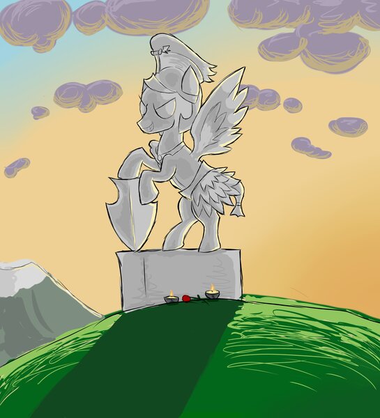 Size: 3723x4095 | Tagged: safe, artist:waffletheheadmare, derpibooru import, flash magnus, pegasus, pony, armor, cloud, fire, flower, gradient background, grass, helmet, male, mountain, rose, scenery, shield, simple shading, sky, smiling, snitch, stallion, statue, stone, wings