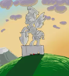 Size: 3723x4095 | Tagged: safe, artist:waffletheheadmare, derpibooru import, flash magnus, pegasus, pony, armor, cloud, fire, flower, gradient background, grass, helmet, male, mountain, rose, scenery, shield, simple shading, sky, smiling, snitch, stallion, statue, stone, wings