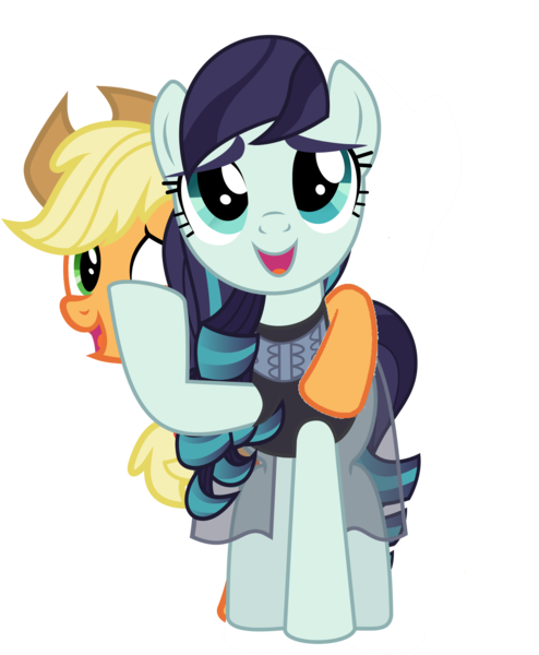 Size: 1440x1750 | Tagged: source needed, safe, artist:jhayarr23, derpibooru import, edit, applejack, coloratura, pony, 1000 years in photoshop, hoof around neck, hug, simple background, transparent background