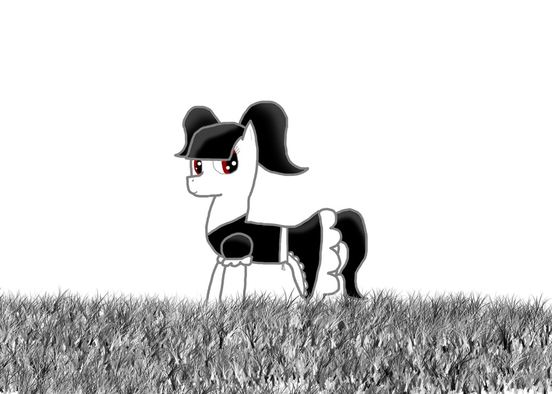 Size: 2100x1500 | Tagged: safe, artist:undeadponysoldier, derpibooru import, oc, oc:foalita, unofficial characters only, earth pony, pony, black and white, clothes, cute, dress, female, filly, goth, gothic lolita, grass, grayscale, looking at you, maid, monochrome, pigtails, simple background, skirt, solo, white background