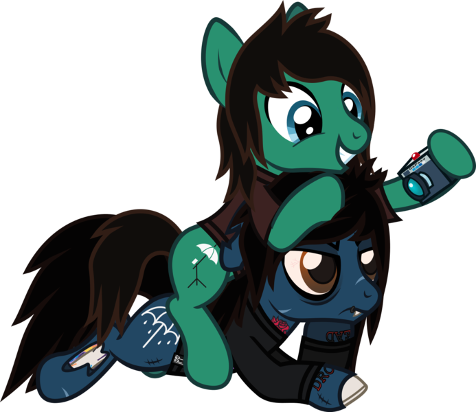 Size: 1444x1250 | Tagged: safe, artist:lightningbolt, derpibooru import, ponified, ponified:oliver sykes, earth pony, pony, undead, zombie, zombie pony, .svg available, angry, bags under eyes, bloodshot eyes, bone, bring me the horizon, brothers, camera, clothes, drop dead clothing, duo, floppy ears, grin, happy, hoof hold, hoof on chin, hoof on head, lip piercing, long sleeves, male, photo, piercing, ponies riding ponies, prone, riding, scar, shirt, siblings, simple background, smiling, stallion, stitches, svg, t-shirt, tattoo, tom sykes, torn ear, transparent background, vector