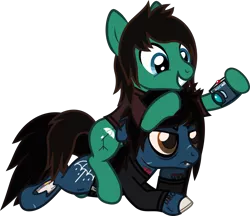 Size: 1444x1250 | Tagged: safe, artist:lightningbolt, derpibooru import, ponified, ponified:oliver sykes, earth pony, pony, undead, zombie, zombie pony, .svg available, angry, bags under eyes, bloodshot eyes, bone, bring me the horizon, brothers, camera, clothes, drop dead clothing, duo, floppy ears, grin, happy, hoof hold, hoof on chin, hoof on head, lip piercing, long sleeves, male, photo, piercing, ponies riding ponies, prone, riding, scar, shirt, siblings, simple background, smiling, stallion, stitches, svg, t-shirt, tattoo, tom sykes, torn ear, transparent background, vector