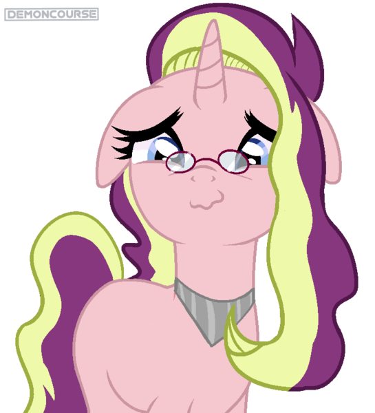 Size: 781x860 | Tagged: safe, artist:demoncourse, artist:klewgcg, derpibooru import, oc, oc:shadow shine, unofficial characters only, pony, unicorn, icey-verse, base used, cute, female, floppy ears, glasses, jewelry, magical lesbian spawn, mare, necklace, next generation, offspring, parent:starlight glimmer, parent:sunset shimmer, parents:shimmerglimmer, show accurate, simple background, solo, transparent background