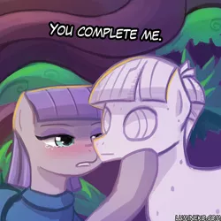 Size: 750x750 | Tagged: safe, artist:lumineko, derpibooru import, maud pie, mudbriar, pony, student counsel, agalmatophilia, blushing, crying, female, jerry maguire, male, maudbriar, petrification, rock, rockbriar, shipping, straight, that pony sure does love rocks