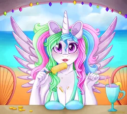 Size: 3000x2705 | Tagged: alicorn, anthro, artist:mailner, beach, big breasts, bits, blushing, breasts, busty princess celestia, cleavage, clothes, coin, colored wings, curvy, cute, derpibooru import, ear fluff, female, food, foodplay, hand, ice cream, lipstick, looking at you, mare, princess celestia, redesign, solo, solo female, spread wings, suggestive, swimsuit, tack, wings