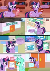 Size: 1350x1912 | Tagged: safe, artist:diaperdude, derpibooru import, lyra heartstrings, twilight sparkle, pony, unicorn, comic:a foalish mind, abdl, adult foal, bits, butt, comic, cushies, diaper, diaper package, magic, nervous, pacifier, plot, product placement, rattle, shopping