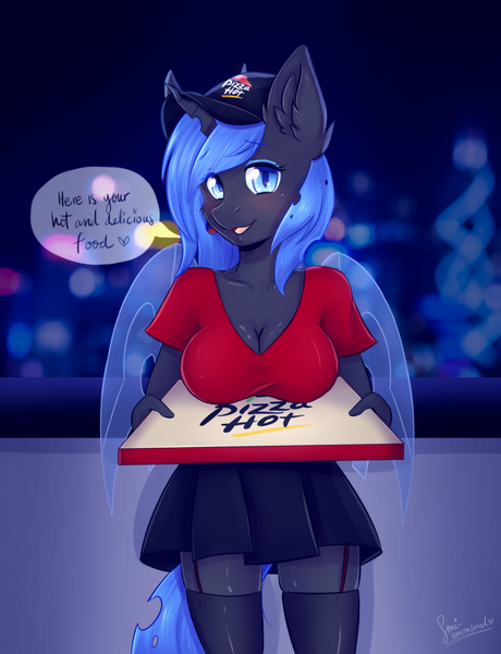 Size: 2300x3000 | Tagged: anthro, anthro oc, artist:sonigiraldo, breasts, cap, changeling, changeling oc, cleavage, clothes, cute, derpibooru import, female, garters, hat, large order of milk, looking at you, miniskirt, moe, oc, pizza hut, shirt, skirt, slit eyes, slit pupils, socks, solo, solo female, stockings, suggestive, thigh highs, t-shirt, unofficial characters only, zettai ryouiki