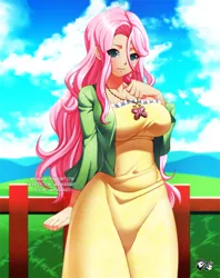 Size: 793x1000 | Tagged: safe, artist:jadenkaiba, derpibooru import, fluttershy, bat pony, human, big breasts, breasts, busty fluttershy, clothes, commission, dress, eye clipping through hair, female, flutterbat, humanized, jacket, jewelry, long hair, necklace, race swap, solo