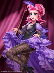 Size: 816x1100 | Tagged: adorasexy, alternate hairstyle, anime, artist:racoonsan, beautiful, blue eyes, blushing, boots, breasts, busty pinkie pie, cabaret, choker, cleavage, clothes, collar, cute, derpibooru import, diapinkes, dress, feather, female, fishnets, happy, high heel boots, human, humanized, legs, looking at you, moe, nail polish, pantyhose, pink hair, pinkie pie, safe, saloon dress, saloon pinkie, sexy, shoes, skirt, skirt lift, smiling, solo, stupid sexy pinkie, thighs, woman