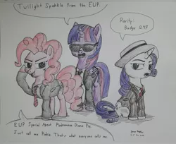 Size: 3004x2448 | Tagged: safe, artist:rockhoppr3, derpibooru import, pinkie pie, rarity, twilight sparkle, twilight sparkle (alicorn), alicorn, pony, clothes, cole phelps, cosplay, costume, deadly premonition, francis york morgan, heavy rain, l.a. noire, norman jayden, suit, traditional art