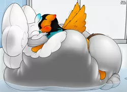 Size: 2933x2118 | Tagged: suggestive, artist:the-furry-railfan, derpibooru import, oc, oc:minty candy, oc:twintails, unofficial characters only, gryphon, bathing, bathtub, belly, big belly, blushing, blushing ears, blushing profusely, griffonized, huge belly, humping, impossibly large belly, inflatable, inflatable toy, inflated wings, inflation, puffkiss, puffy cheeks, sex, sinking, species swap, spread wings, squishy, water, wet, wet mane, wingboner, wings