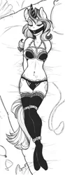 Size: 469x1264 | Tagged: suggestive, artist:gor1ck, derpibooru import, rarity, anthro, unguligrade anthro, unicorn, bed, black and white, black underwear, bondage, bra, breasts, clothes, female, gag, grayscale, lingerie, magic suppression, mare, monochrome, on back, on bed, panties, rope, rope bondage, socks, solo, solo female, stockings, tape, tape gag, thigh highs, unconscious, underwear