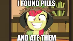 Size: 1024x576 | Tagged: apple bloom, caption, creepy, creepy smile, derpibooru import, edit, edited screencap, editor:anonycat, female, filly, going to seed, image macro, op is on drugs, safe, screencap, slasher smile, smiling, snapple bloom, solo, text