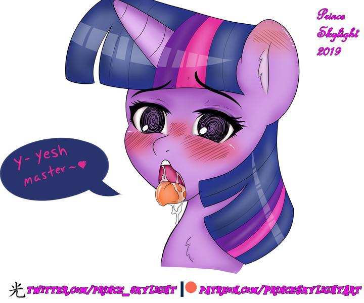 Size: 6000x5000 | Tagged: suggestive, artist:prince_skylight, derpibooru import, twilight sparkle, pony, ahegao, bust, drool, female, heart, mare, master, mind control, open mouth, patreon, patreon logo, simple background, solo, solo female, speech, speech bubble, swirly eyes, talking, tongue out, white background