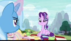 Size: 1000x575 | Tagged: safe, derpibooru import, screencap, starlight glimmer, trixie, pony, unicorn, student counsel, animated, annoyed, aweeg*, chewing, chipmunk cheeks, cucumber sandwiches, cup, cupcake, cute, discovery family logo, duo, eating, female, food, gif, glimmerbetes, glowing horn, happy, horn, magic, mare, picnic, picnic blanket, puffy cheeks, sandwich, sitting, teacup, teapot, unamused
