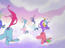 Size: 1252x937 | Tagged: safe, derpibooru import, screencap, coconut grove, island delight, thistle whistle, cloud pony, pegasus, pony, friends are never far away, animated, cloud, face down ass up, female, flapping, g3, mare, sky, tail, wat, wind, wings