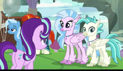 Size: 1000x575 | Tagged: animated, balloon, brother and sister, butt, cute, derpibooru import, diastreamies, female, male, plot, safe, screencap, siblings, silverstream, starlight glimmer, student counsel, terrabetes, terramar, trixie, waterfall