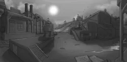 Size: 2000x977 | Tagged: artist:theomegaridley, background, barn, barrel, cherry hill ranch, cloud, concept art, derpibooru import, desert, dodge city, environment art, factory, fallout equestria, fallout equestria: red 36, fanfic art, industry, monochrome, no pony, post-apocalyptic, poster, safe, saloon, scenery, sky, storage, sun, train station, wasteland, western, wood