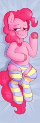 Size: 586x1758 | Tagged: safe, artist:raph13th, derpibooru import, pinkie pie, pony, semi-anthro, adorasexy, bedroom eyes, body pillow, body pillow design, clothes, colored hooves, cute, dialogue, frog (hoof), garter belt, on back, panties, scrunchy face, sexy, smiling, socks, solo, striped socks, underhoof, underwear