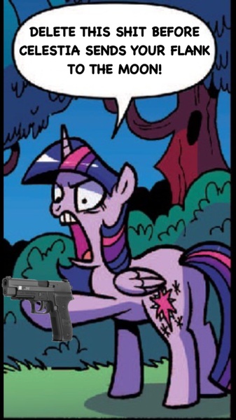 Size: 750x1334 | Tagged: alicorn, comic sans, delete this please, delet this, derpibooru import, edit, gun, handgun, idw, p226, photoshop, pistol, safe, spoiler:comic, twilight sparkle, twilight sparkle (alicorn), twitter link, vulgar, weapon, you can post a hate comment about the comic sans now