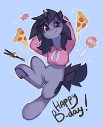 Size: 1038x1280 | Tagged: safe, artist:share dast, derpibooru import, oc, oc:kate, unofficial characters only, pony, unicorn, blue background, candy, clothes, female, food, hoodie, lollipop, looking at you, mare, meat, pepperoni, pepperoni pizza, pizza, simple background, solo, sushi, underhoof