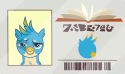 Size: 2600x1538 | Tagged: safe, artist:phucknuckl, derpibooru import, gallus, gryphon, the point of no return, abuse, black eye, gallabuse, hoofprint, implied sandbar, library card, male, ouch, smiling, solo, written equestrian