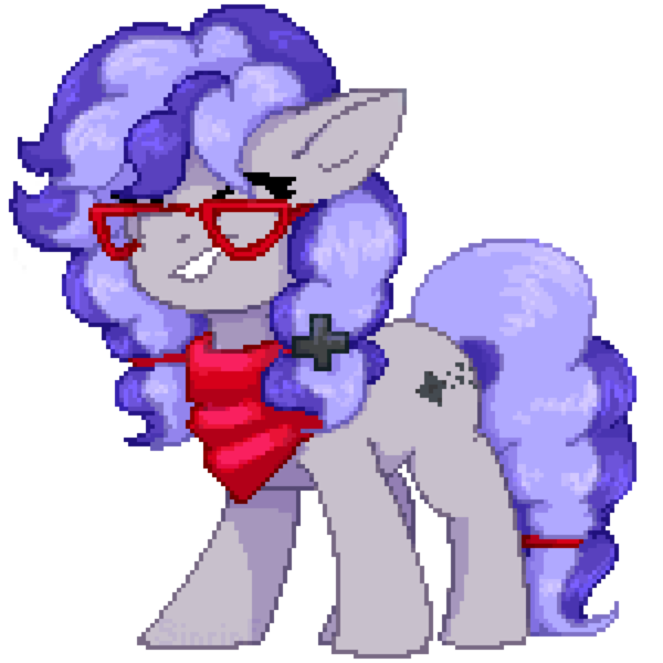 Size: 1500x1500 | Tagged: safe, artist:flysouldragon, derpibooru import, oc, oc:cinnabyte, unofficial characters only, earth pony, pony, bandana, commission, curvy, eyes closed, female, glasses, mare, neckerchief, pixel art, simple background, solo, transparent background, ych result