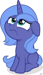 Size: 1500x2613 | Tagged: safe, artist:arifproject, derpibooru import, princess luna, pony, going to seed, female, filly, frown, sad, simple background, sitting, solo, transparent background, vector, woona, younger
