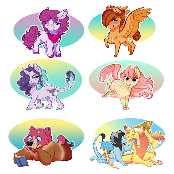 Size: 1280x1280 | Tagged: safe, artist:earthsong9405, deleted from derpibooru, derpibooru import, oc, unofficial characters only, bear, classical unicorn, dragon, earth pony, pegasus, pony, unicorn, chibi, cloven hooves, commission, dragoness, female, leonine tail, neckerchief, non-mlp oc, unshorn fetlocks