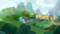 Size: 1920x1080 | Tagged: safe, derpibooru import, screencap, starlight glimmer, trixie, pony, unicorn, student counsel, apple, apple tree, bracelet, duo, female, fence, jewelry, mare, mountain, ponyville, ponyville town hall, scenery, town, tree, windmill