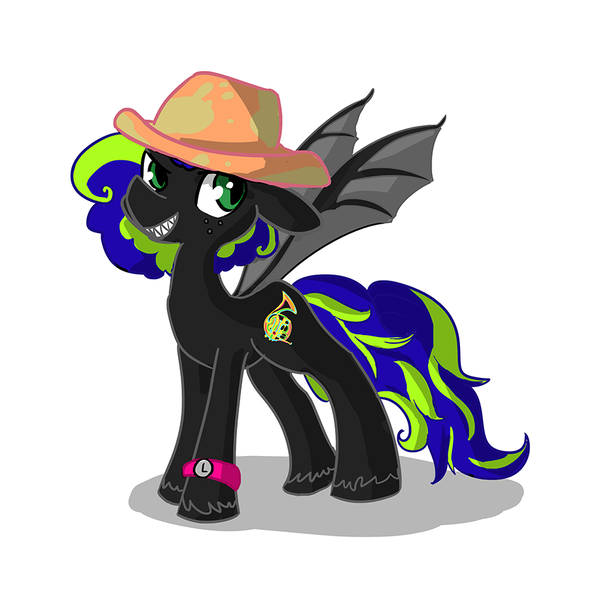 Size: 883x883 | Tagged: safe, artist:tjpones, derpibooru import, oc, oc:super trampoline, bat pony, pony, bat pony oc, bat wings, blue mane, blue tail, commission, french horn, green eyes, green mane, green tail, hat, musical instrument, smiling, unshorn fetlocks, watch, wings