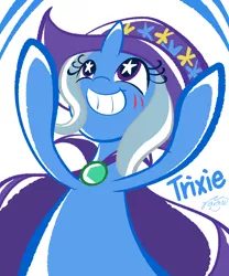 Size: 1701x2041 | Tagged: safe, artist:garammasara, derpibooru import, trixie, pony, unicorn, blushing, grin, simple background, smiling, solo, starry eyes, wingding eyes